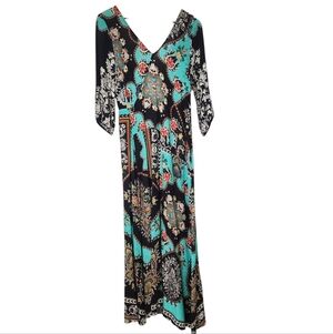 FARM Rio Backless Black and Teal Maxi Dress